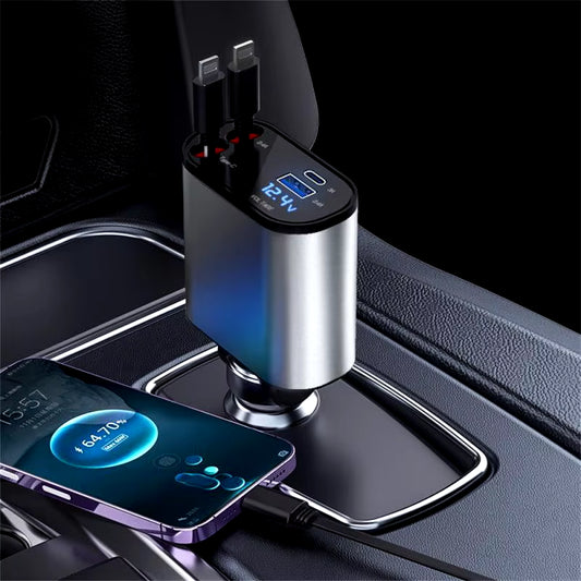 120W 4 in 1 Retractable Car Charger USB Type C Cable for Iphone Xiaomi Huawei Samsung Fast Charge Cord Cigarette Lighter Adapter