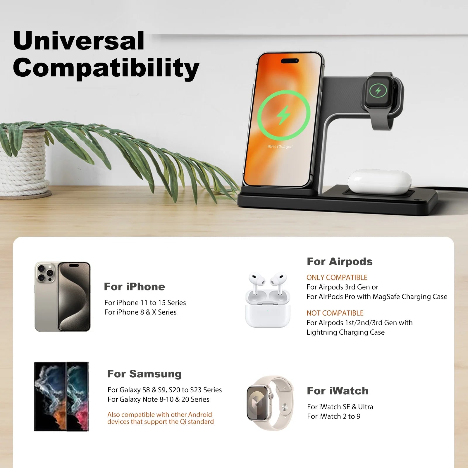 3 in 1 Wireless Charger, Foldable and Portable Charging Station, Fast Charging Stand for Iphone 16 15 14 13 12 11 Pro Max XS XR X 8, Compatible with Iwatch Series and Airpods 3 2 Pro