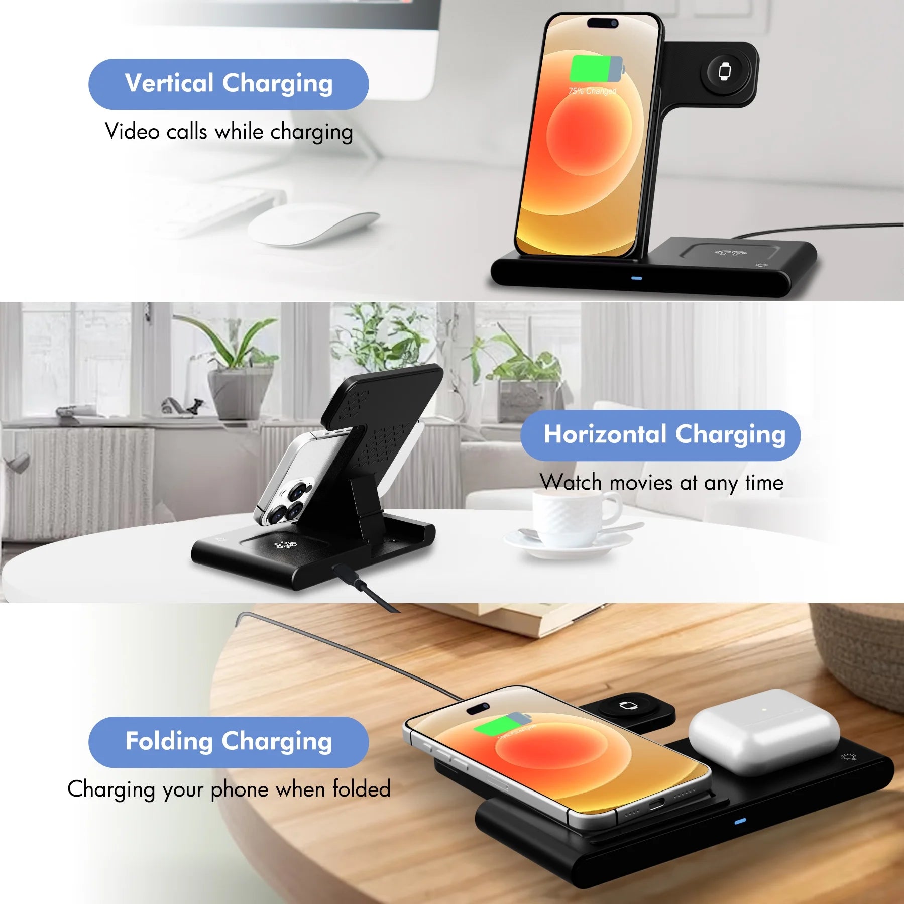 3 in 1 Wireless Charger, Foldable and Portable Charging Station, Fast Charging Stand for Iphone 16 15 14 13 12 11 Pro Max XS XR X 8, Compatible with Iwatch Series and Airpods 3 2 Pro