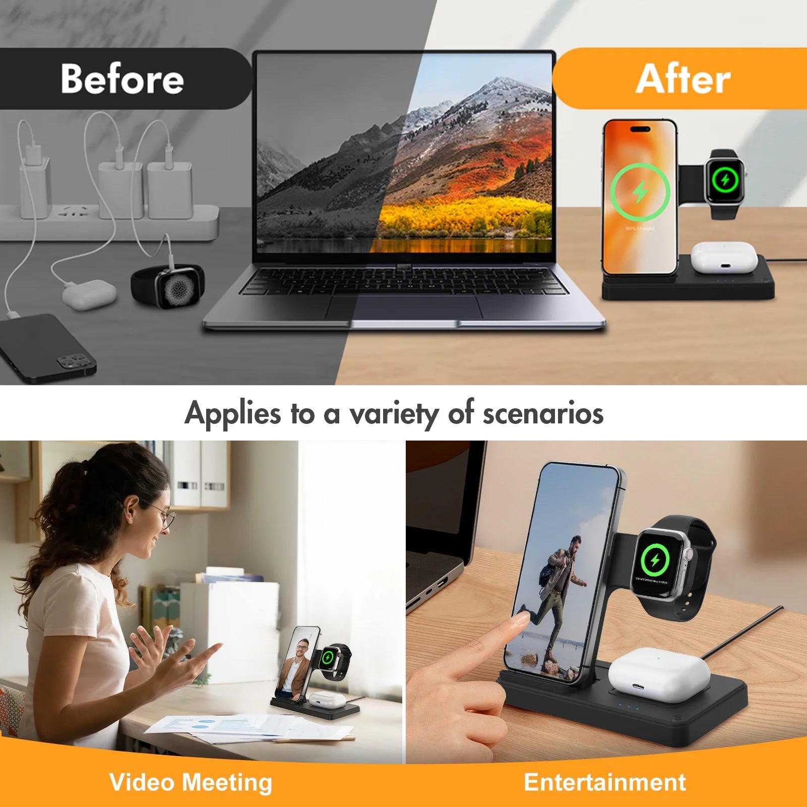 3 in 1 Wireless Charger, Foldable and Portable Charging Station, Fast Charging Stand for Iphone 16 15 14 13 12 11 Pro Max XS XR X 8, Compatible with Iwatch Series and Airpods 3 2 Pro