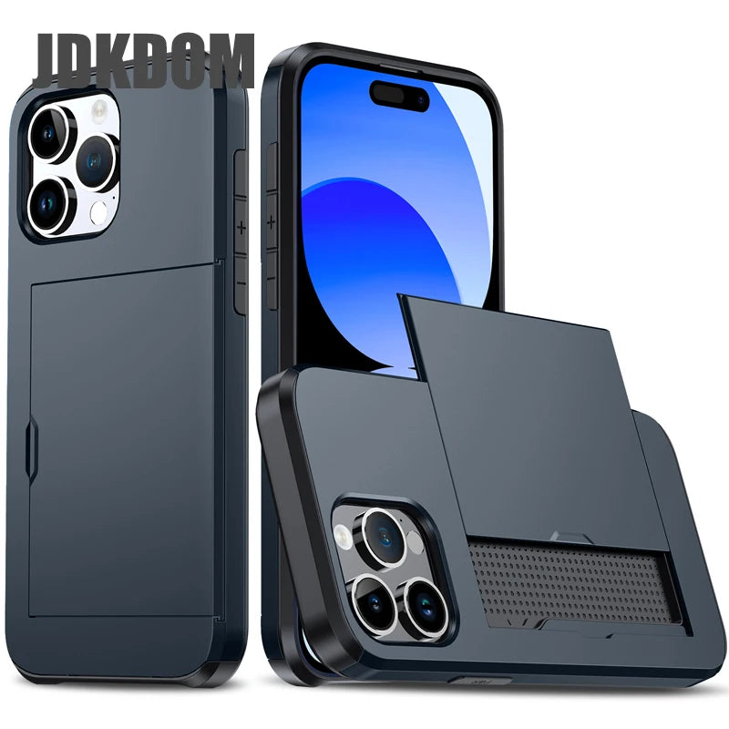 Slide Card Slot Wallet Phone Case for Iphone 17 16 15 14 plus 13 12 Mini 11 Pro Max Card Bag Cover for Iphone 16E 17 Air